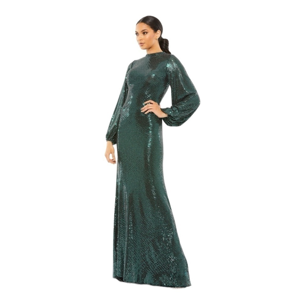 leena for Mac Duggal Bishop Sleeves Metallic Dress in Bottle Green NWT - Picture 1 of 7